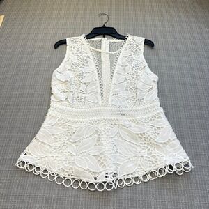 Romantic Lace Peplum Top Large Aqua White Crochet Sleeveless Lace Feminine Event